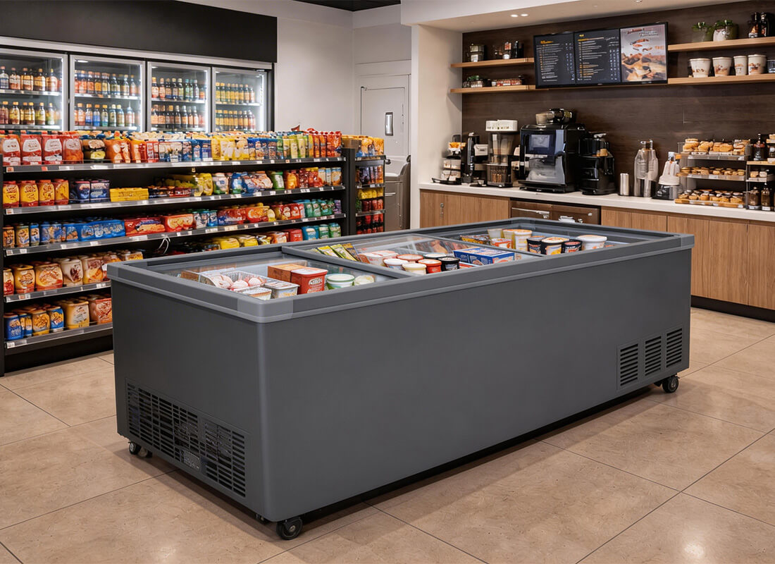 sliding glass lid freezer for commercial kitchen