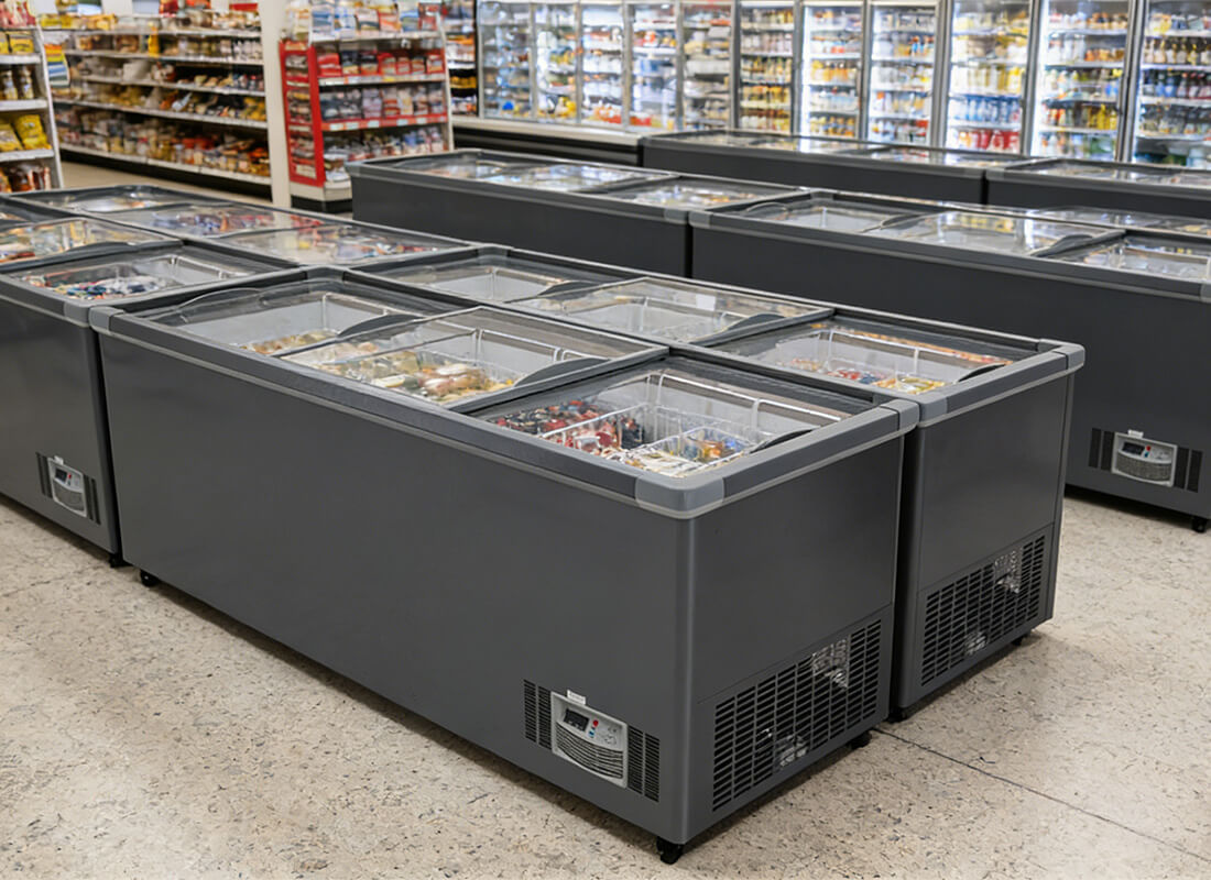 sliding lid freezer for food store
